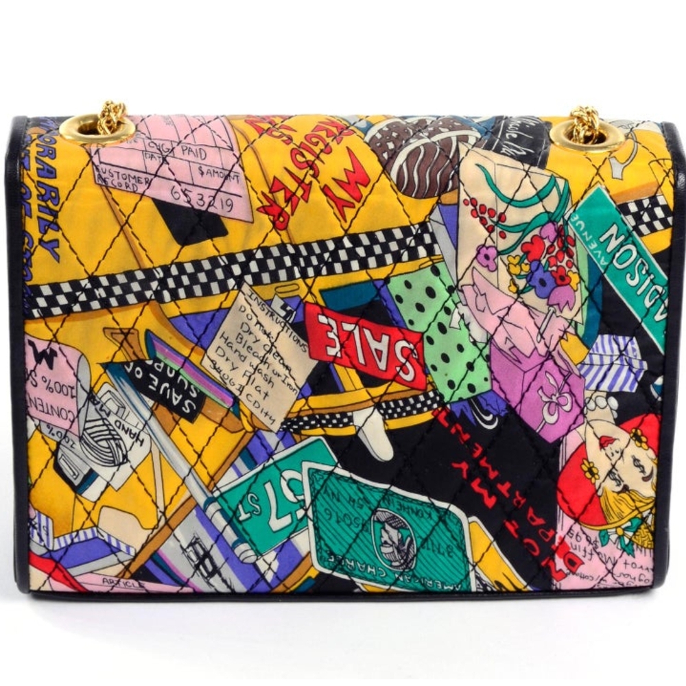 Nicole Miller Quilted Silk VGold  Print Shoulder Bag with Glos - Picture 4 of 6